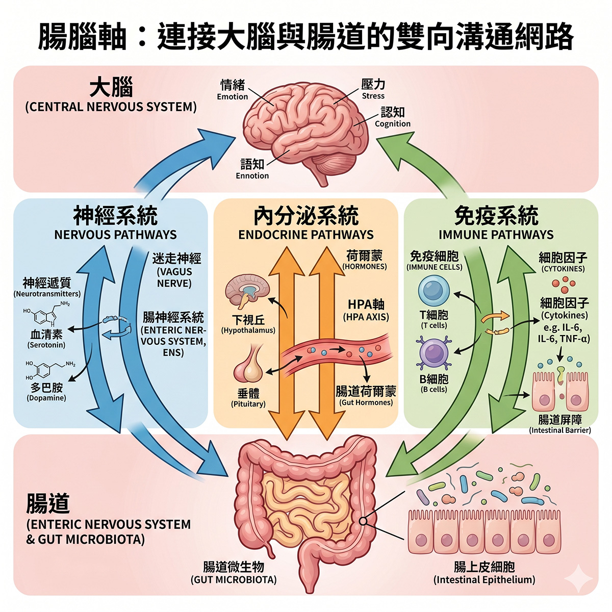 腸腦軸（Gut-Brain Axis）運作機制示意圖