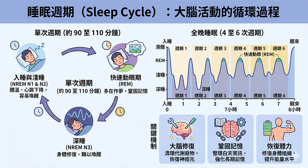 睡眠週期（Sleep Cycle）四大階段示意圖